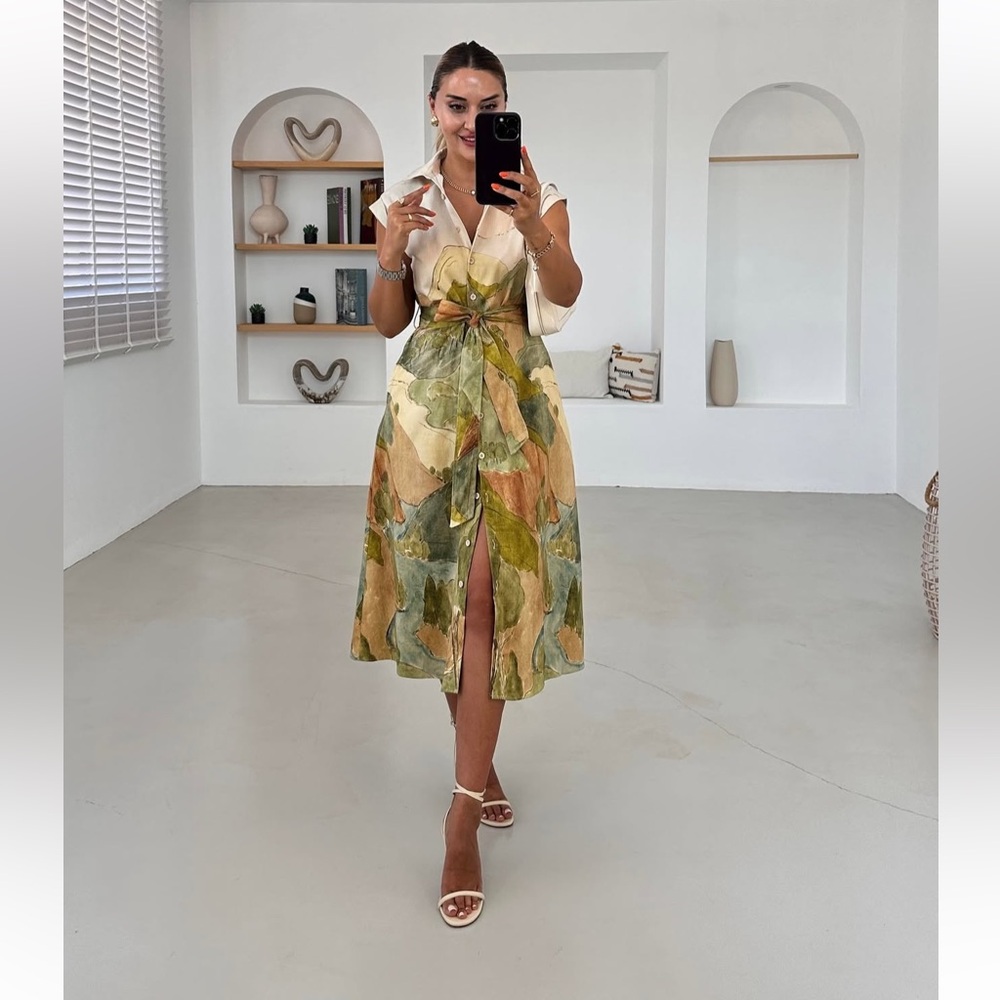 ZARA ZW COLLECTION PRINT SHIRT DRESS MIDI COLLAR SS24 SIZE L NWT